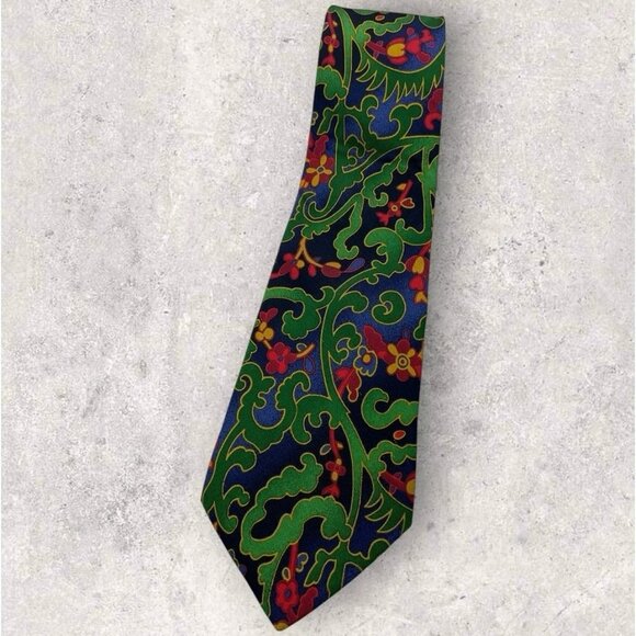 CHRISTIAN LACROIX Silk Tie ITALY Green Blue Botanical W:4" EUC - Picture 1 of 5